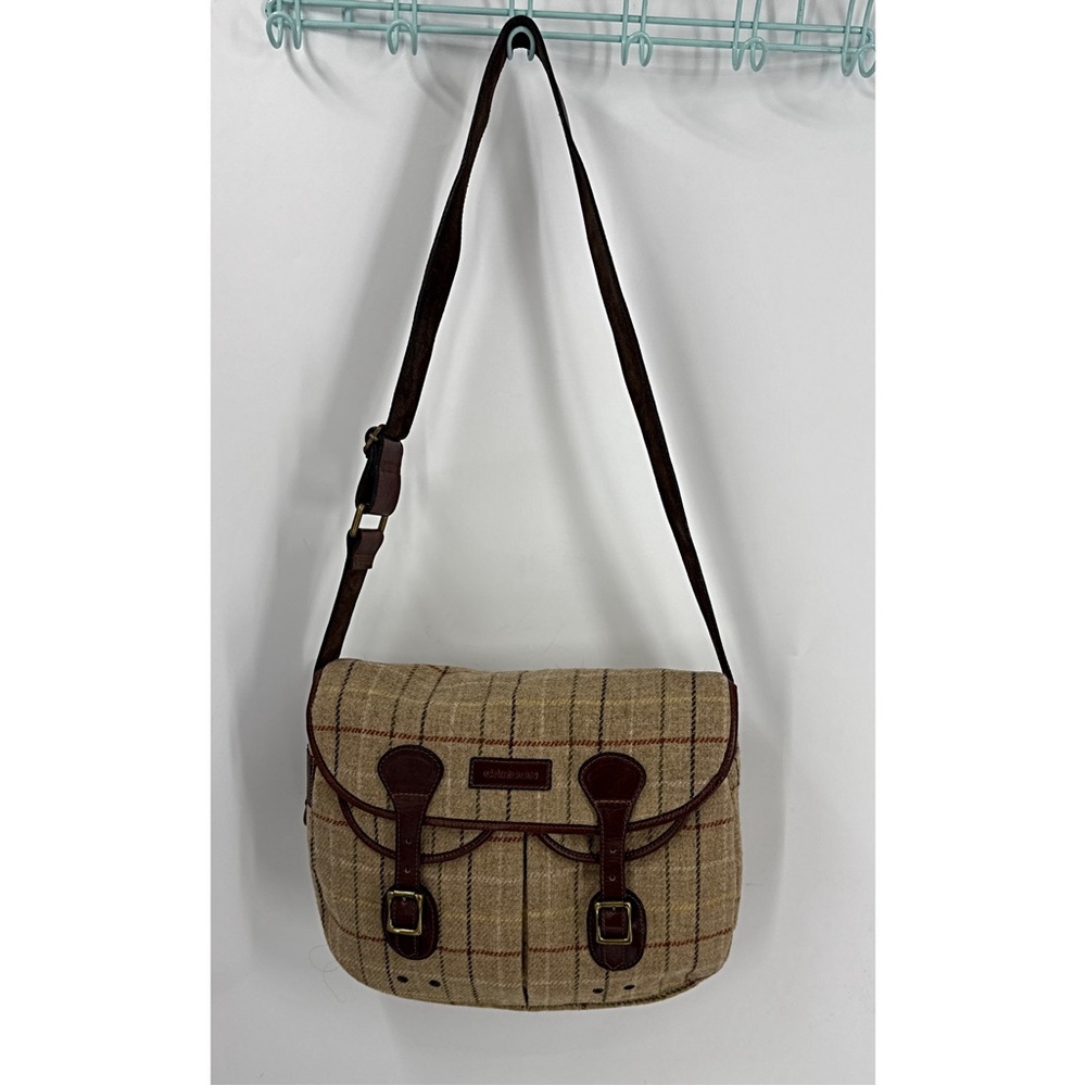 Cordon brown wool plaid with leather trim accent Brown Crossbody Bag unisex